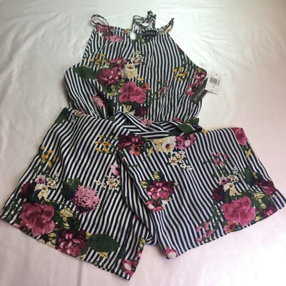 My Michelle Striped Floral Jumpsuit Blue White XS